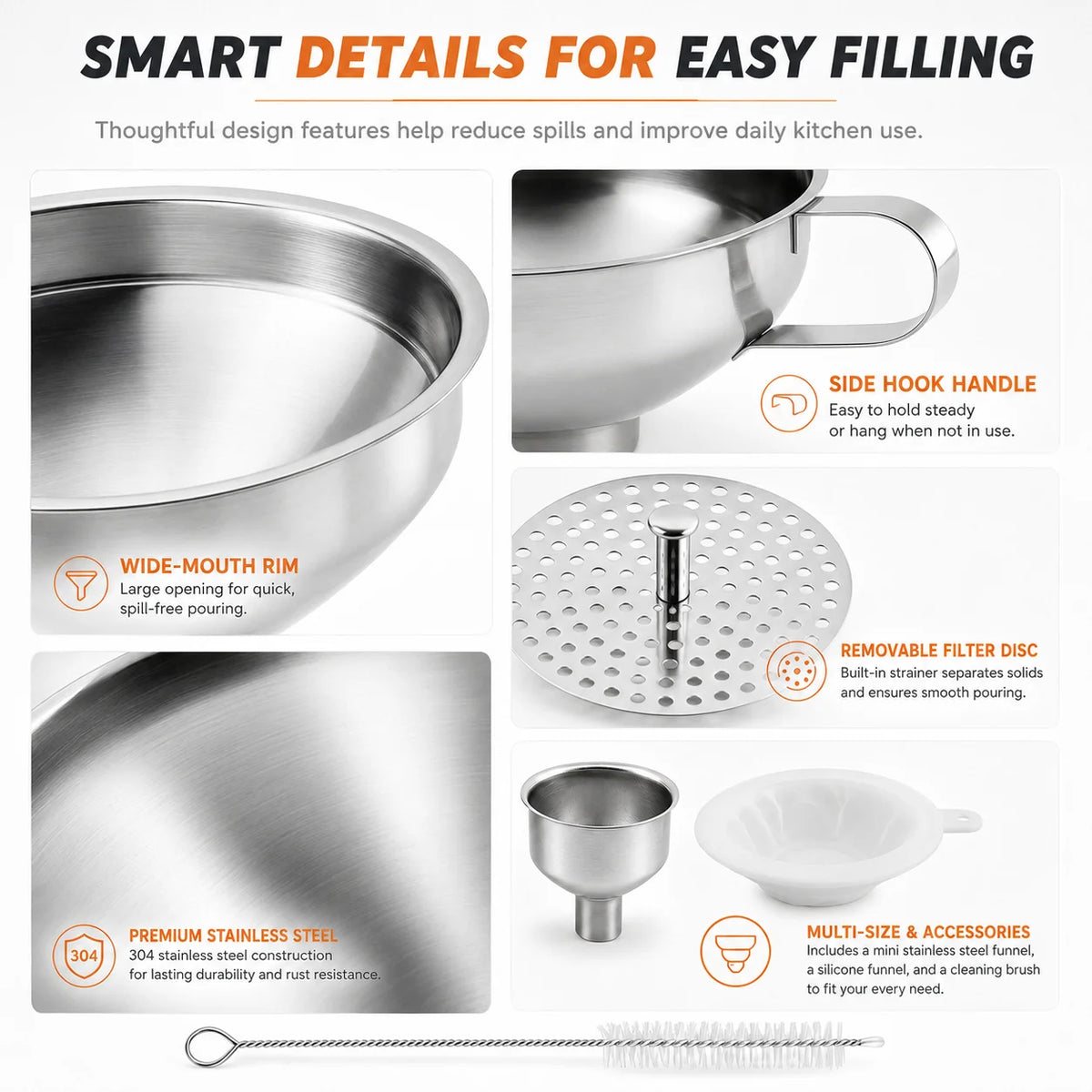 Stainless Steel Wide Mouth Canning Funnel Set with Strainer Kitchen Funnel Set Axl