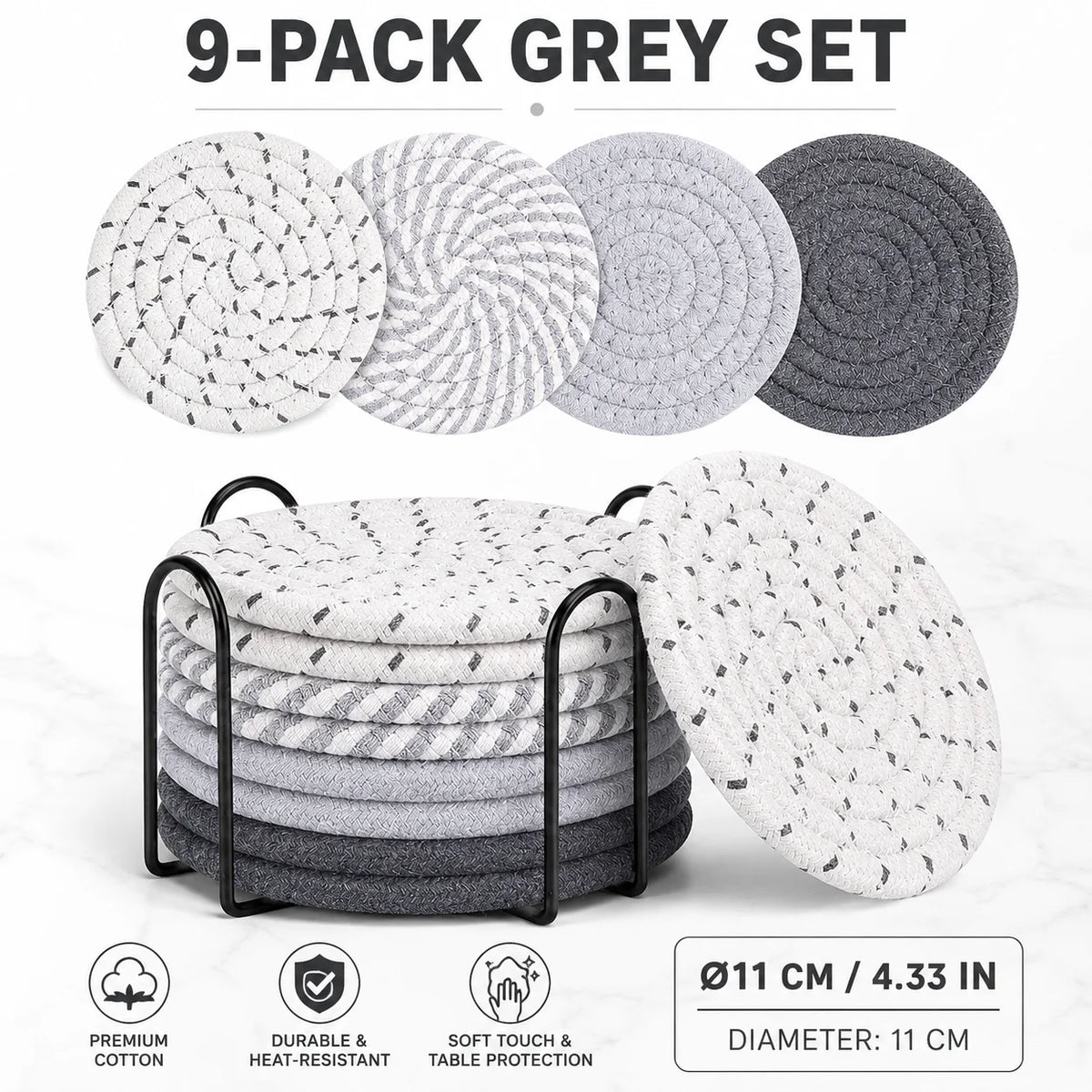 9-Pc Boho Cotton Woven Coasters Set with Holder – Absorbent Drink Coasters Set Axl 9-Pack Grey Set