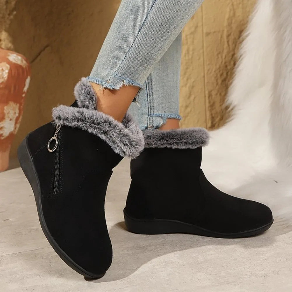 Women's Warm Plush Ankle Snow Boots – Zipper Flat Winter Shoes Women's Snow Boots Axl