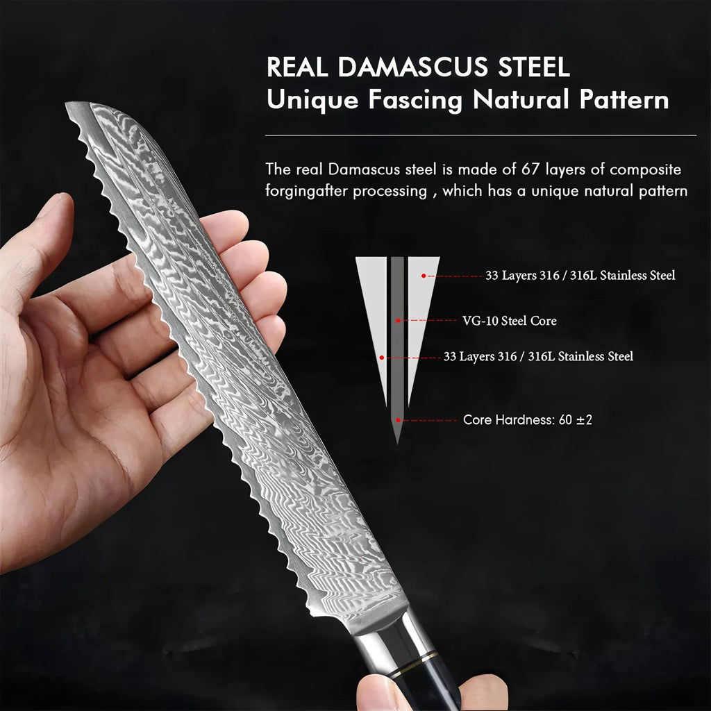 67-Layer Damascus Steel Bread & Cake Slicing Knife Damascus Bread Knife Axl