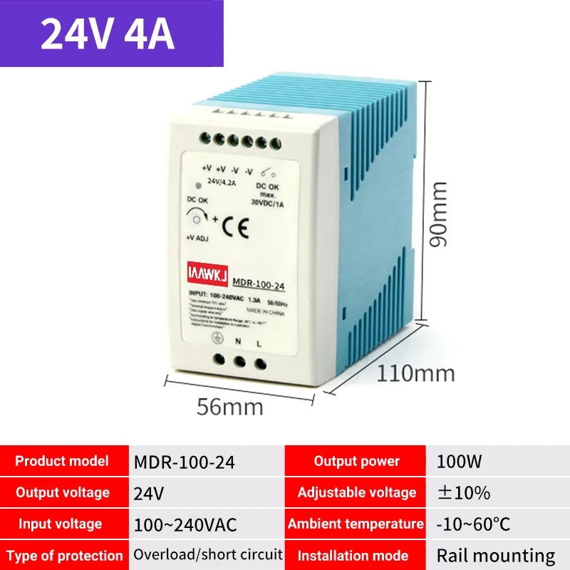MDR DIN Rail Power Supply 5V 12V 24V | 10W–100W DC Switch DIN Rail Power Supply Axl MDR-100-24