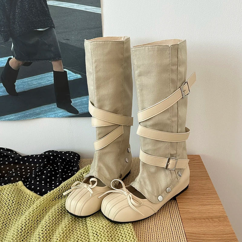 Y2K Knee-High Flat Boots – Double Buckle Bow Slip-On Booties Knee-High Flat Boots Axl Beige 36