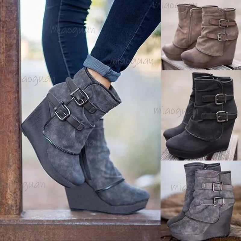 Women's Wedge Ankle Boots – Zip Round Toe Retro Booties Wedge Ankle Boots Axl