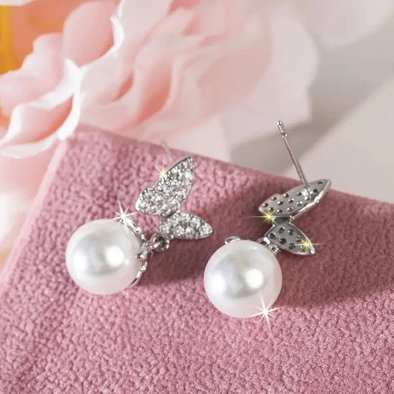 Huitan Butterfly Drop Earrings with Imitation Pearl | Women Drop Earrings Axl