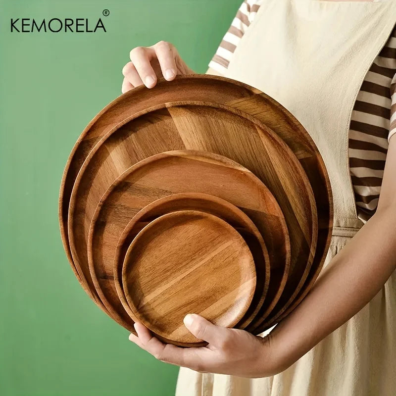 Handmade Round Acacia Wood Plate – Sushi, Dessert & Fruit Dish Wooden Serving Plate Axl