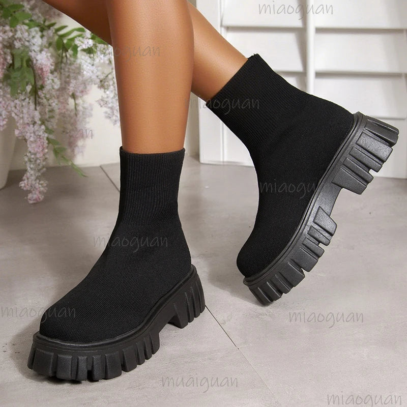 Women's Platform Slip-On Knit Ankle Boots – Thick Sole Platform Ankle Boots Axl