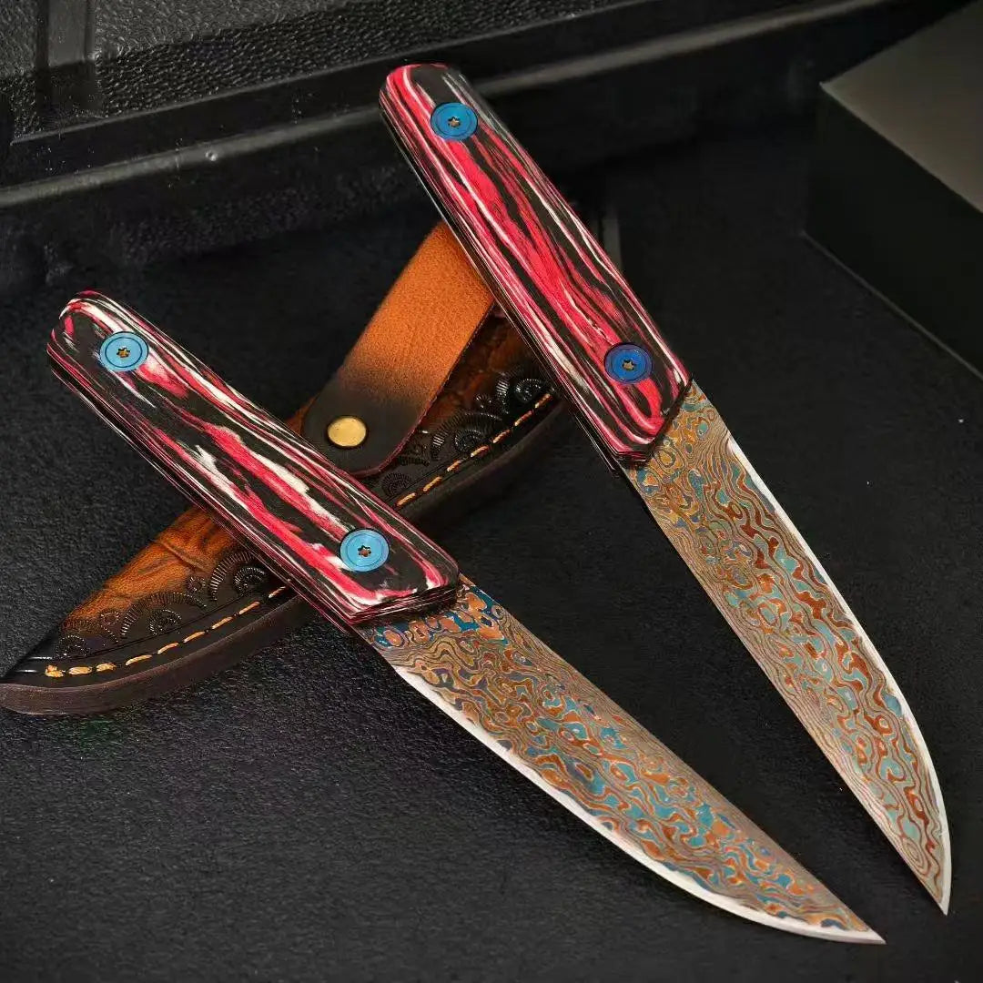 Damascus Steel Utility Knife – Colored Wood Handle & Sharp Blade Damascus Kitchen Knife Axl