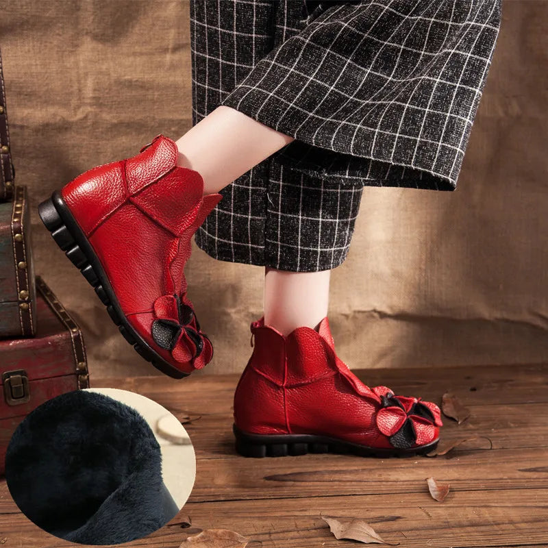 Lorilury Women's Genuine Leather Flower Ankle Boots | Retro Chunky Women's Ankle Boots Axl