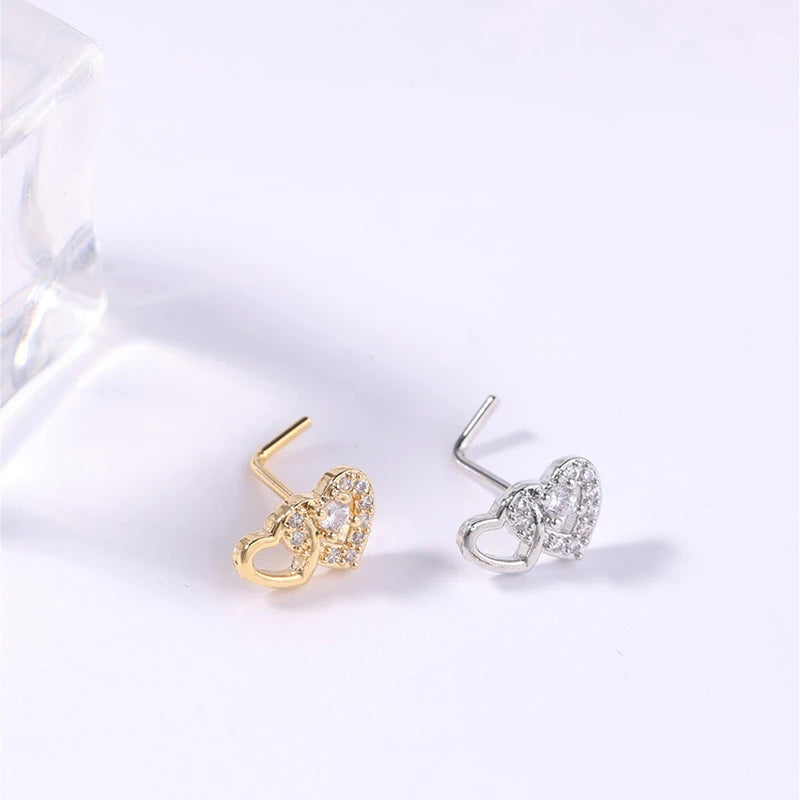 L-Shape Double Heart Zircon Nose Stud Ring – Body Jewelry Body Jewelry Axl