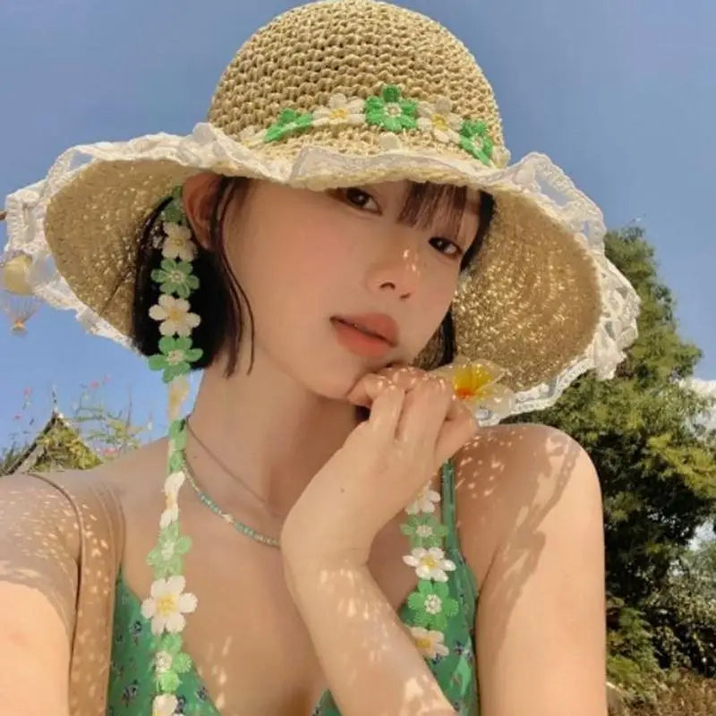 Women's Large Brim Straw Hat – Floral Bow Summer Beach Hat Wide Brim Straw Hat Axl A5