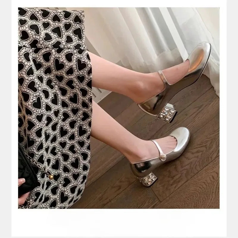 Women's Chunky Heel Mary Jane Pumps – Rhinestone Buckle Mary Jane Pumps Axl