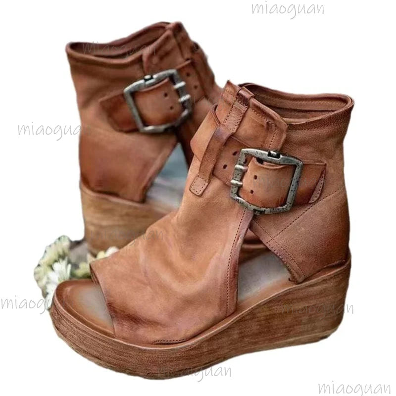 Plus Size Wedge Platform Sandals – Retro Roman Buckle Heels Wedge Platform Sandals Axl