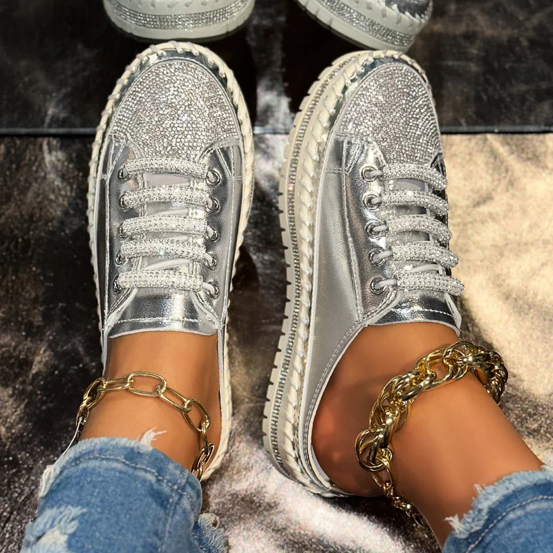 UXST Women's Crystal Platform Sneakers – Lace-Up Flat Shoes Platform Sneakers Axl