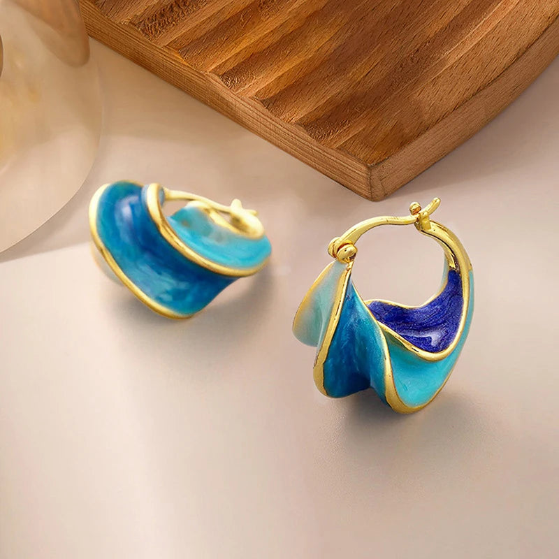 Huitan Wave Enamel Hoop Earrings – Red & Blue Fashion Jewelry Enamel Hoop Earrings Axl E3696