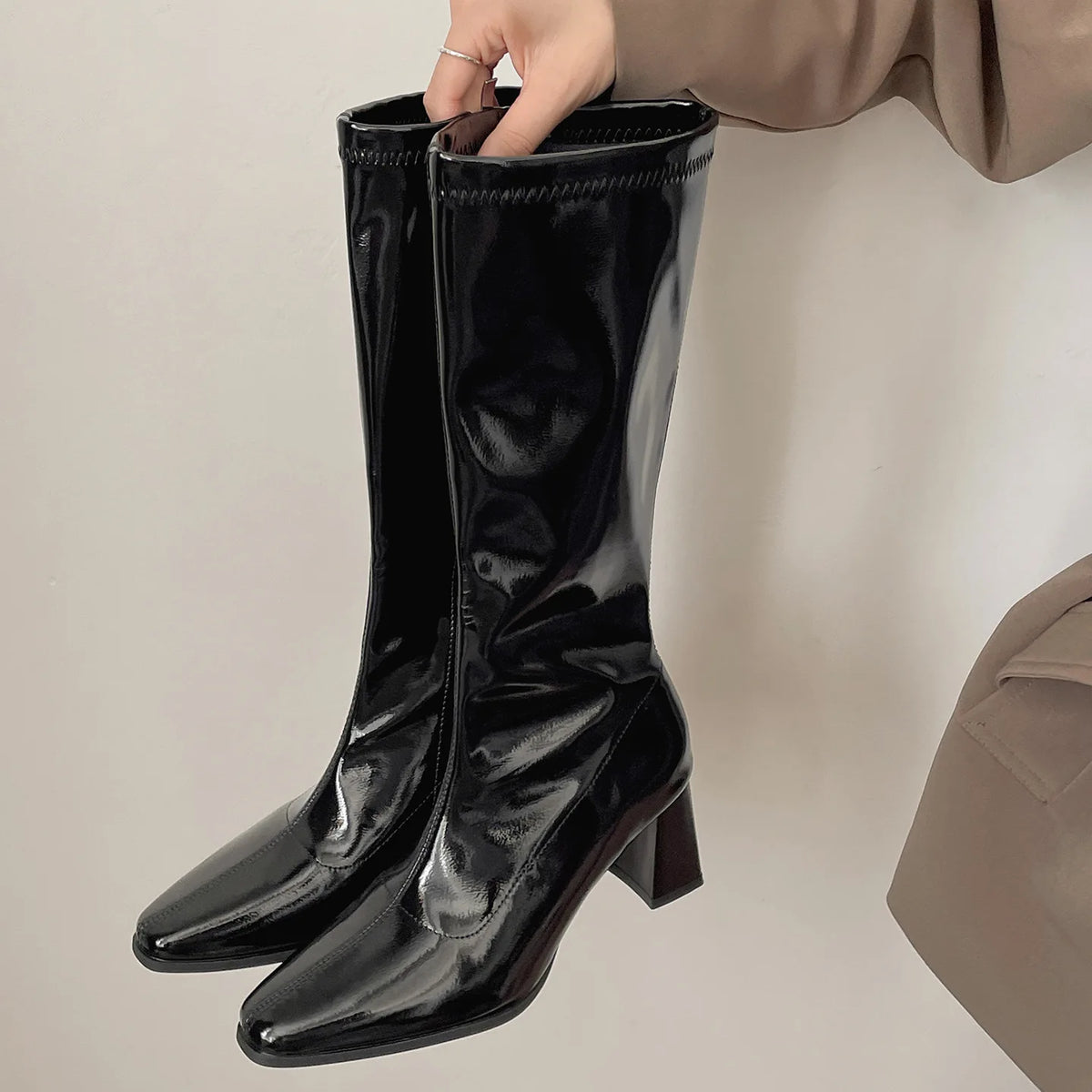 Women's Square Block Heel Mid-Calf Boots | Side Zip Mid-Calf Boots Axl Black 35