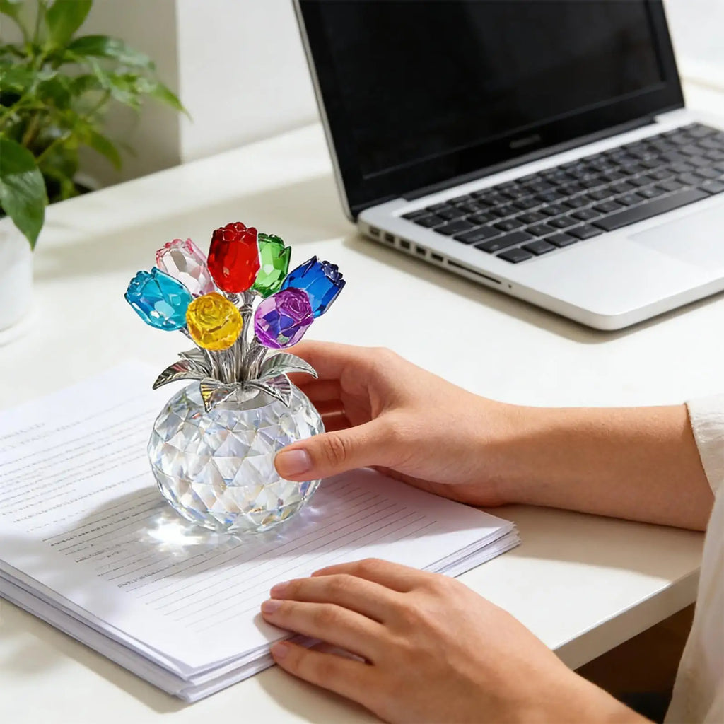 Crystal Rose Figurine Statue – Colorful Glass Flower Gift Crystal Rose Figurine Axl