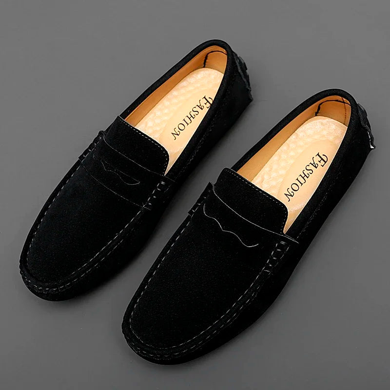 Men's Suede Leather Slip-On Loafers – Casual Flat Shoes Men's Loafers Axl