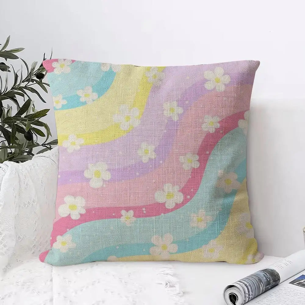 Colorful Daisies Linen Cushion Cover with Hidden Zipper Decorative Cushion Cover Axl White6 40X40cm