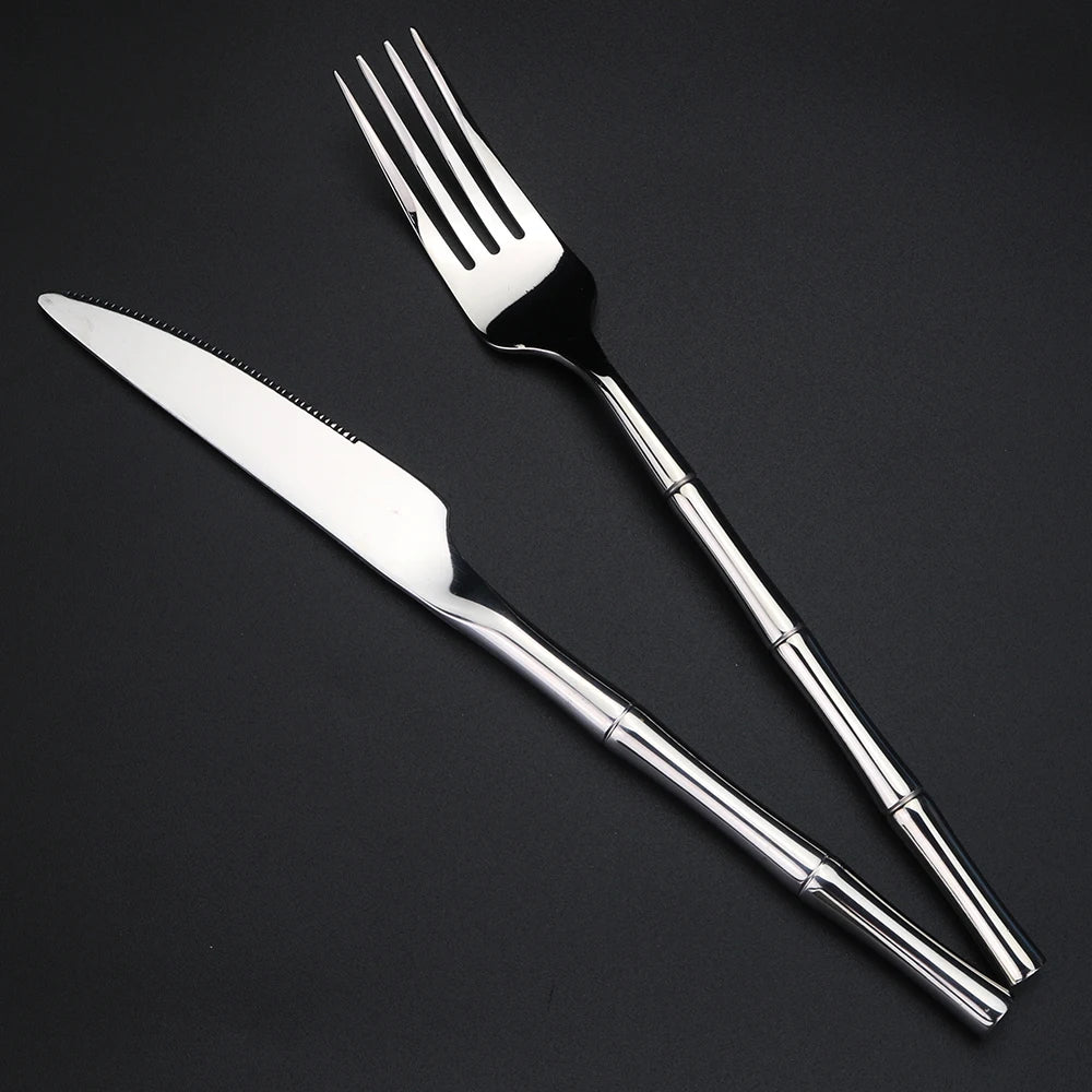 Bamboo Handle Stainless Steel Steak Knife & Fork Set Flatware Set Axl