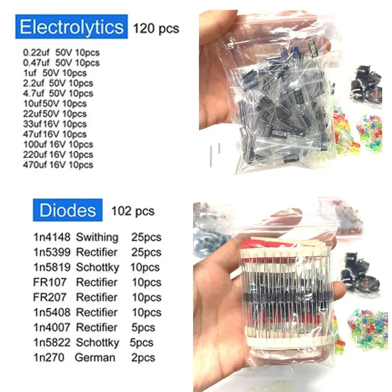 1818pcs Electronic Components Kit – Resistors, Capacitors, LEDs, PCB Electronic Components Kit Axl