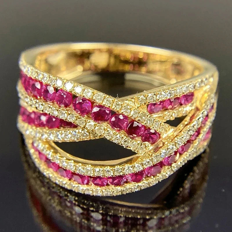 Huitan Rose Red CZ Cross Ring – Women's Wedding Band Fashion Ring Axl