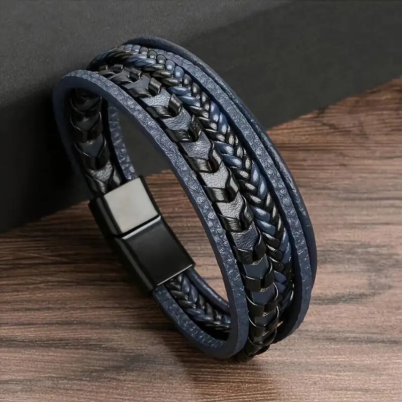 Men's Multilayer Braided Leather Wrap Bracelet | Magnetic Buckle Leather Wrap Bracelet Axl A2