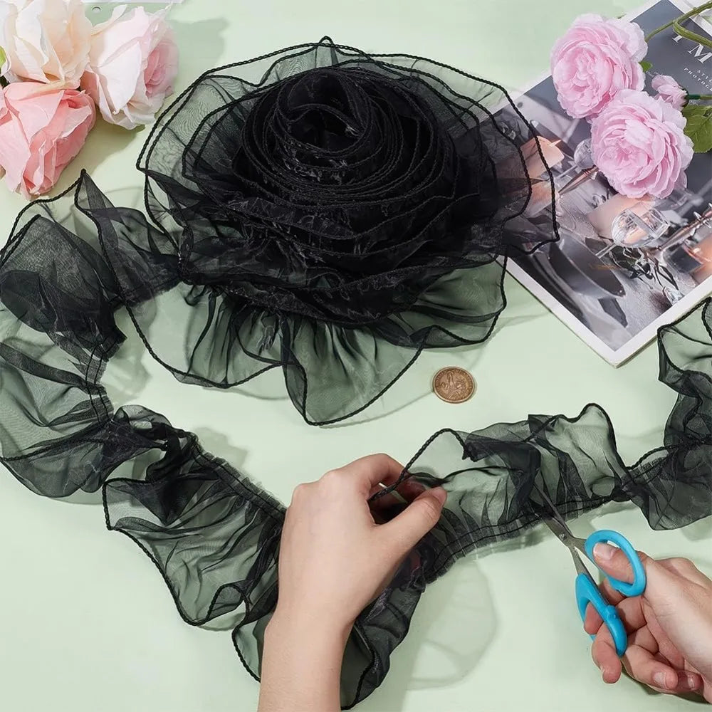 Black Organza Pleated Lace Ribbon Flower Trim 95mm – 8 Yards Decorative Ribbon Trim Axl