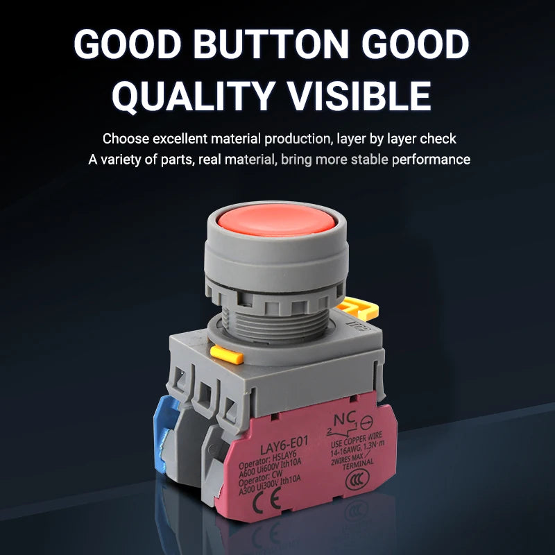 LAY6 22mm Push Button Switch – Momentary Self-Locking 1NO1NC Push Button Switch Axl