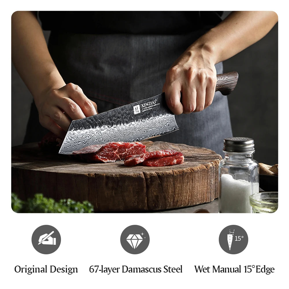 XINZUO 8.3" Damascus Bunka Knife – 67-Layer Steel, 60 HRC Damascus Kitchen Knife Axl