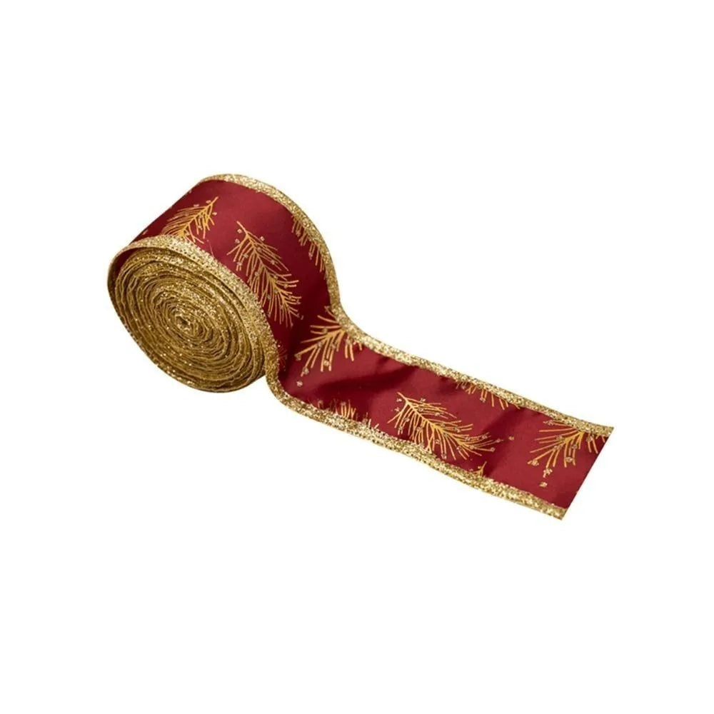 5M Gold Leaves Wired Christmas Ribbon – Tree, Bow & Gift Decor Christmas Wired Ribbon Axl Red