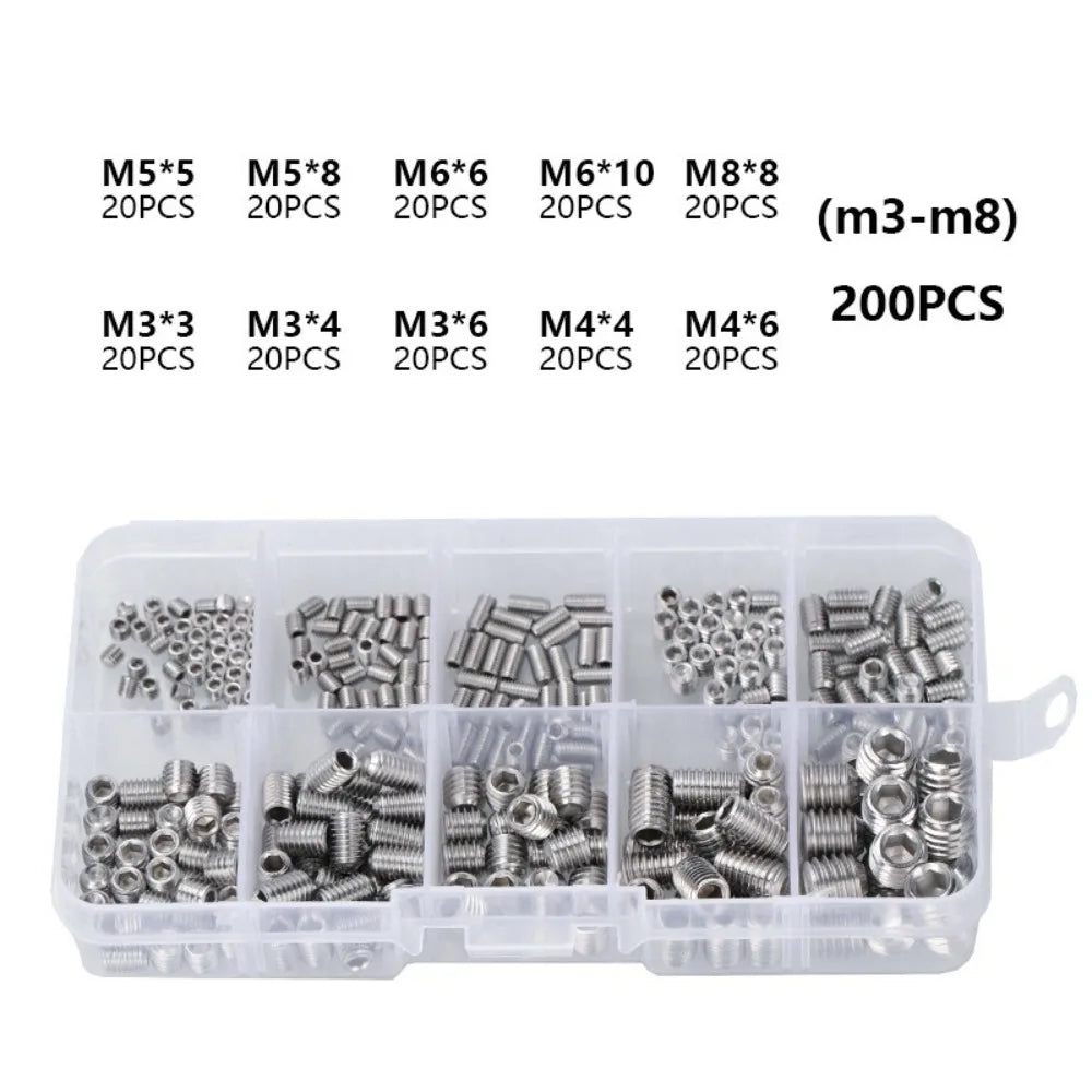 200pcs Stainless Steel Hex Socket Grub Screw Set M3–M8 Screw Fastener Set Axl
