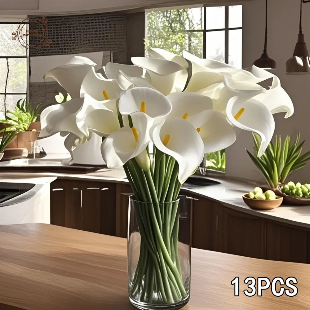 13pc PU Real Touch Artificial Calla Lily Bouquet – Wedding Decor Artificial Flower Bouquet Axl White