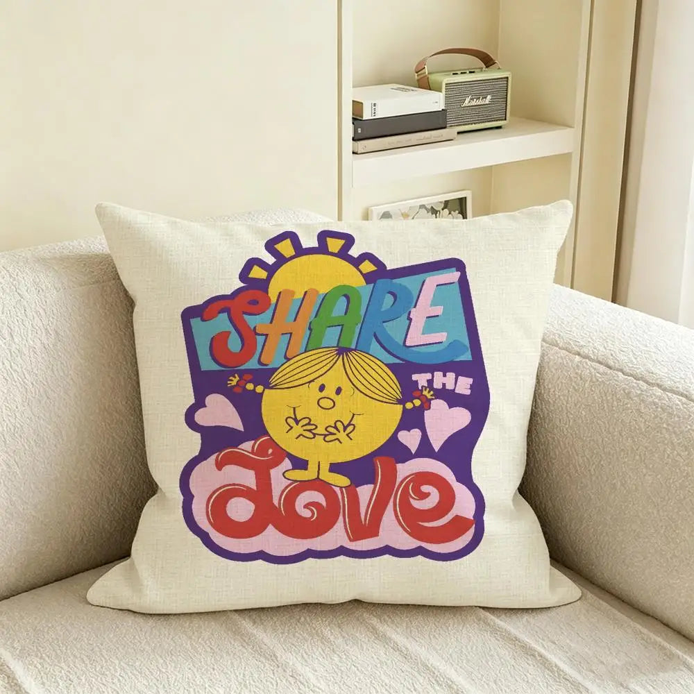 Mr. Men Little Miss Linen Cushion Cover – Sofa & Bedroom Decor Decorative Cushion Cover Axl White7 40X40cm