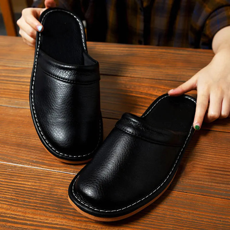 Lorilury Unisex PU Leather Indoor Slippers | Non-Slip Slides Indoor Leather Slippers Axl Black