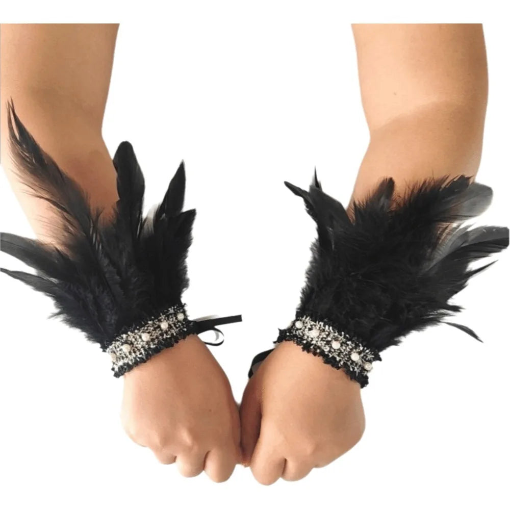 Feather Wrist Cuffs – Lace Pearl Arm Cuffs for Halloween & Carnival Costume Wrist Cuffs Axl Black