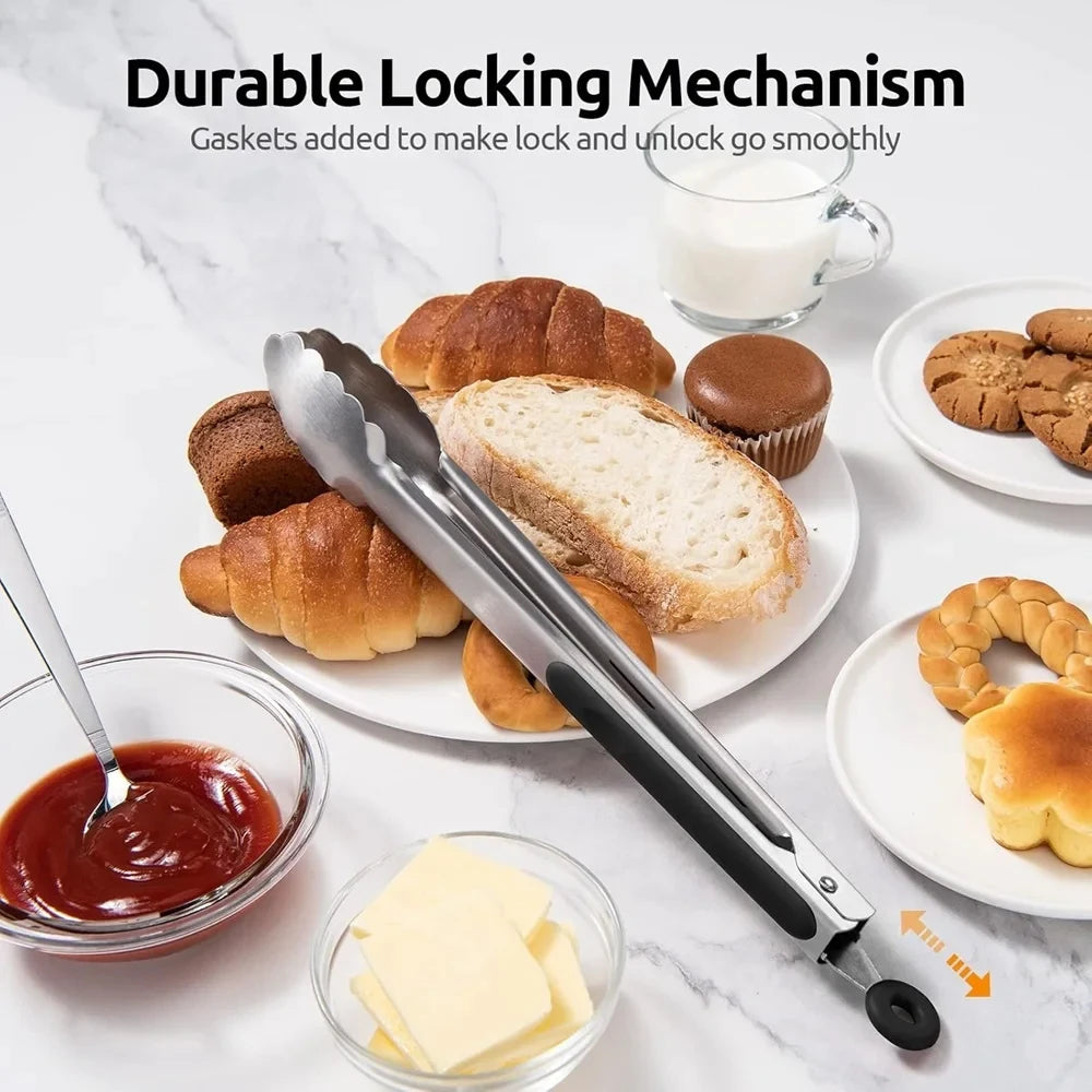 Stainless Steel BBQ Tongs – Non-Slip Extended Food Clamp BBQ Kitchen Tongs Axl