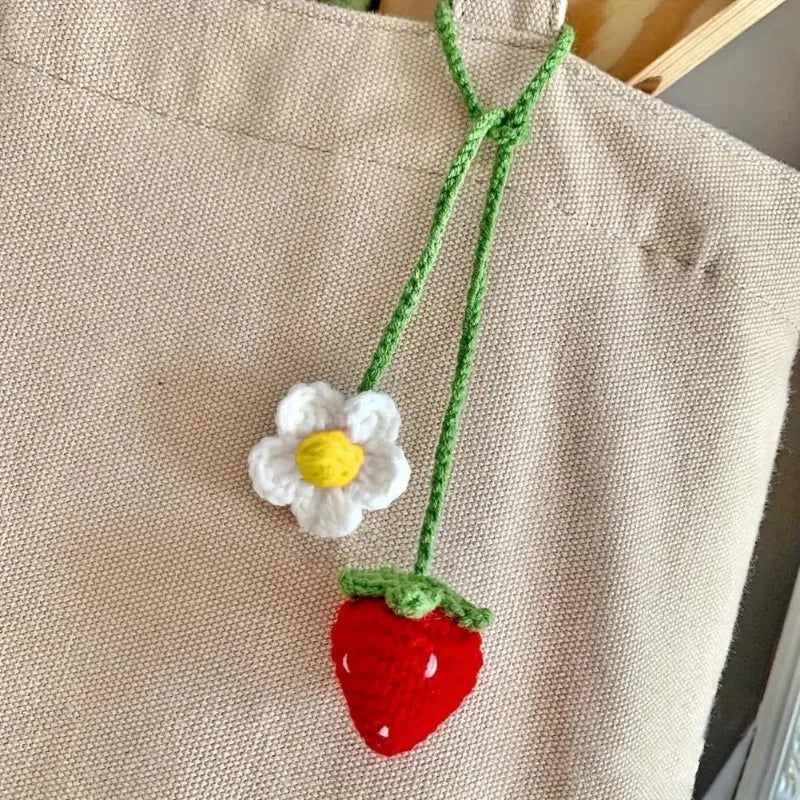 Hand Crocheted Sunflower & Strawberry Car Mirror Hanging Decor Crochet Car Ornament Axl