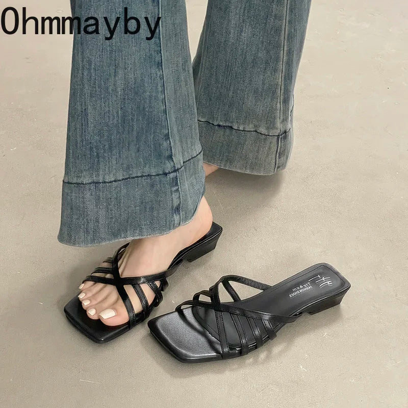 Women's Square Toe Cross Strap Heeled Slides | Summer Sandals Heeled Slide Sandals Axl