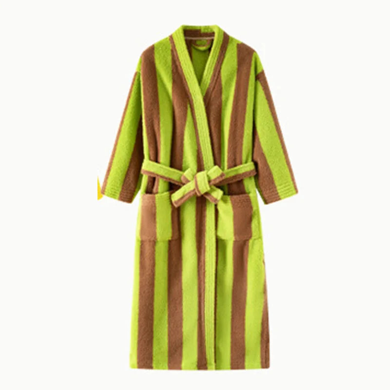 Women's Striped Velvet Bathrobe – Thick Flannel Lace-Up Robe Women's Bathrobe Axl green M