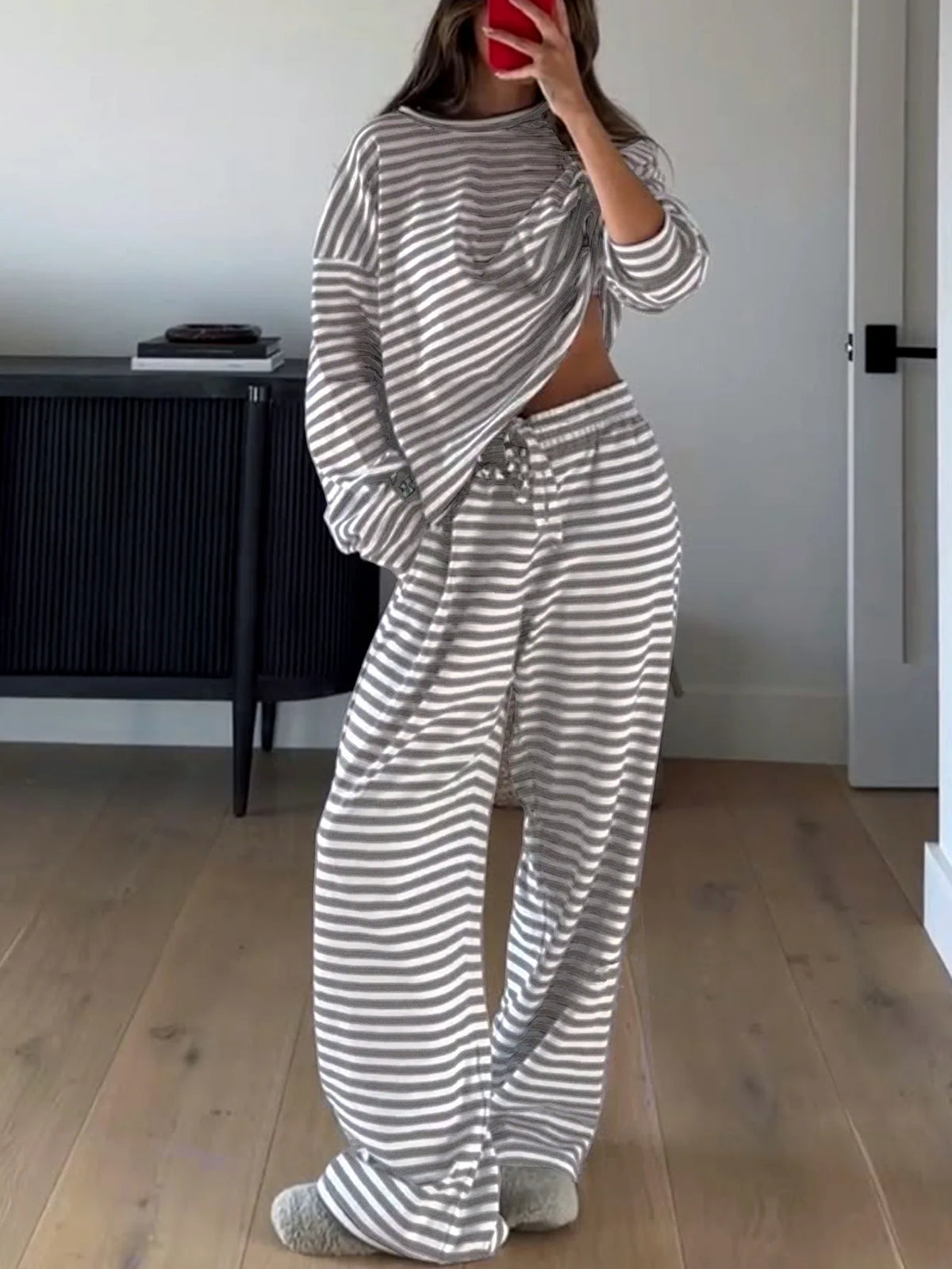 Women's Striped Pajama Set – Long Sleeve 2-Piece Loungewear Women's Pajama Set Axl gray 1XL