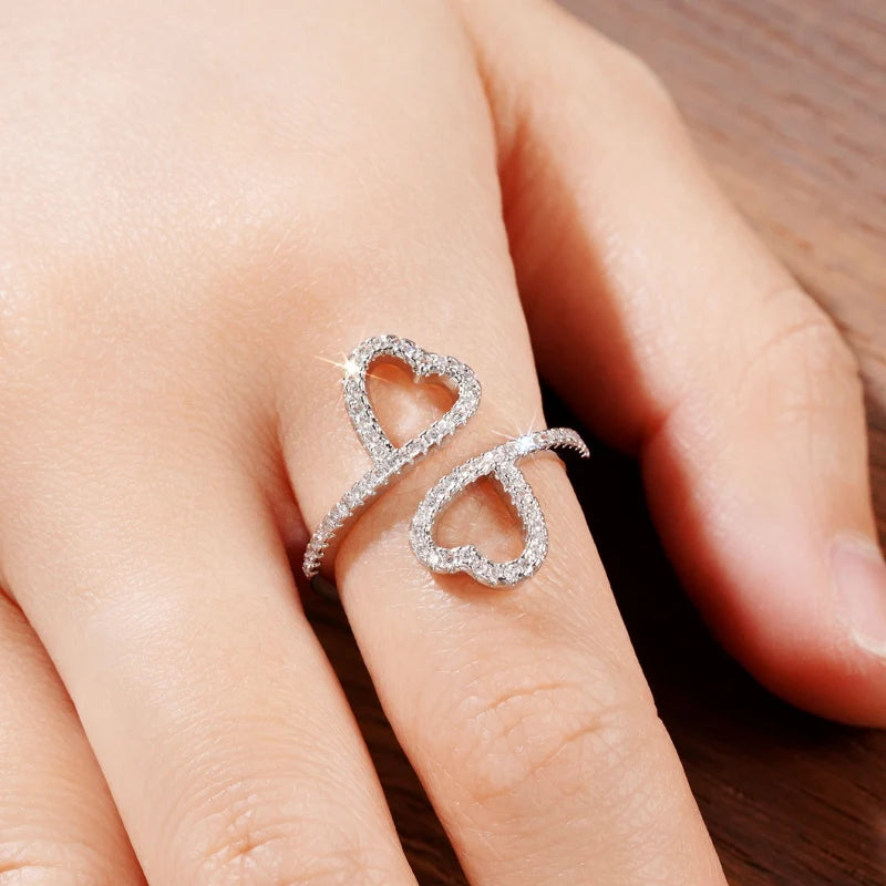 Huitan Double Heart CZ Adjustable Ring | Women's Fashion Ring Fashion Ring Axl