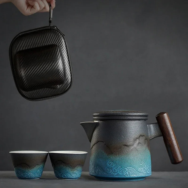 Ceramic Blue Kung Fu Travel Tea Set | Japanese Portable Teapot Kung Fu Tea Set Axl