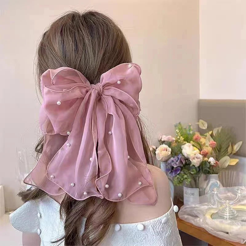 Pearl Bow Hair Clip – Elegant Chiffon Ribbon Barrette for Women Bow Hair Clip Axl Pink
