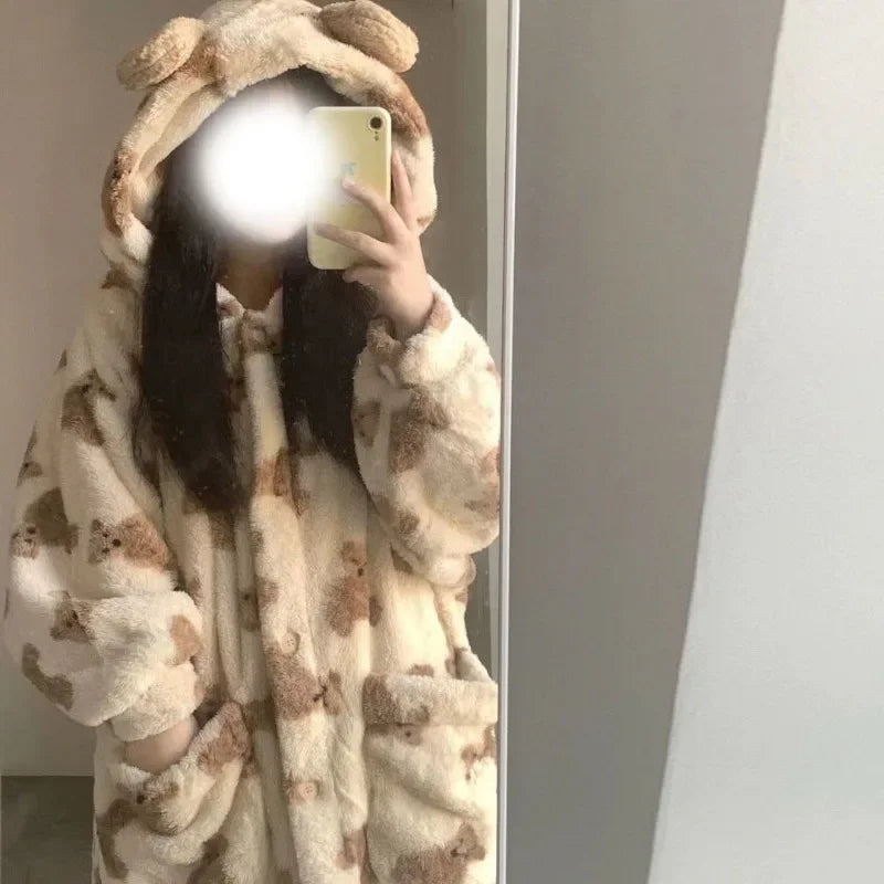 Women's Hooded Flannel Pyjama Set – Cute Bear Fluffy Robe Hooded Pyjama Set Axl