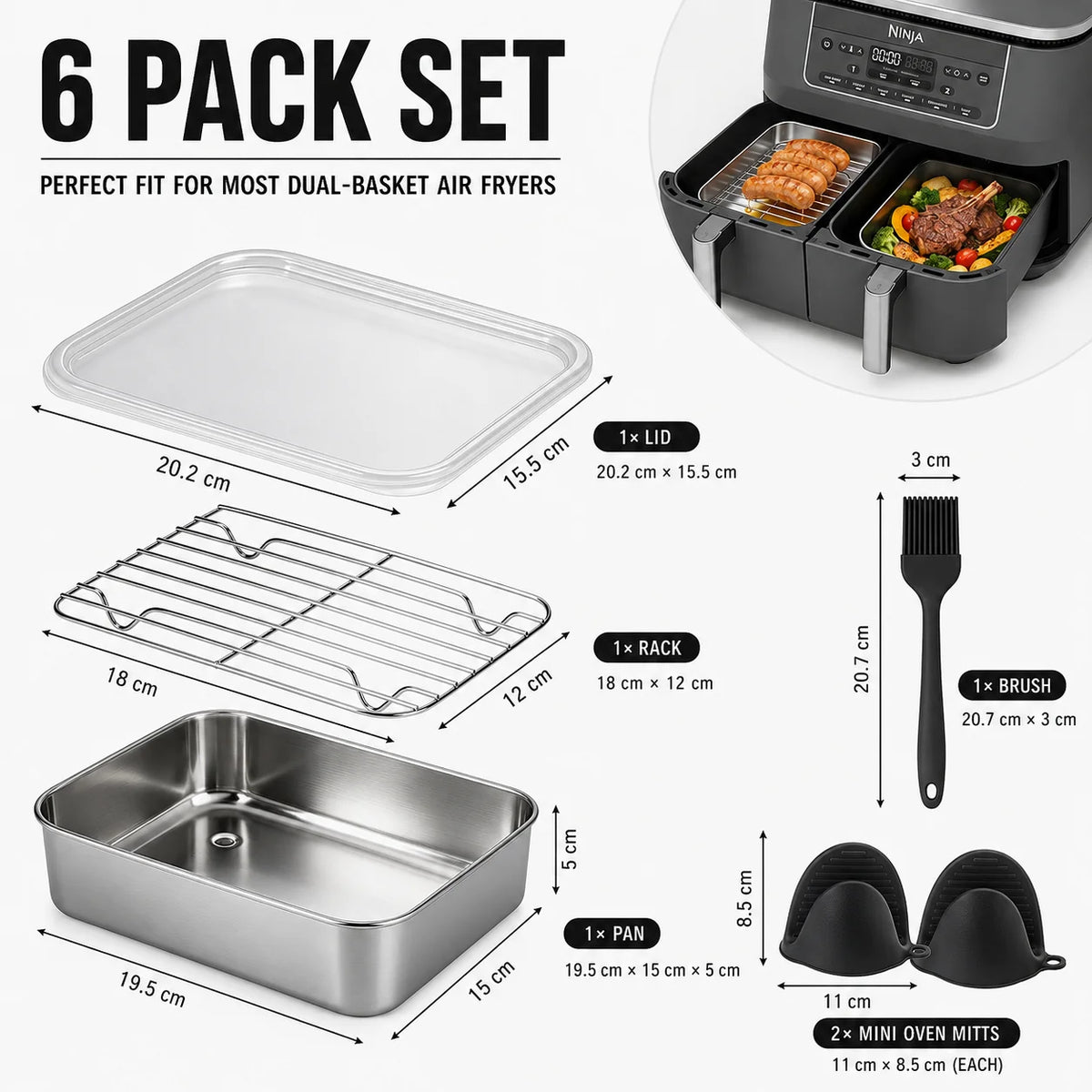 Dual Zone Air Fryer Stainless Steel Baking Pan & Rack Set Air Fryer Accessory Set Axl 6 Pack Set