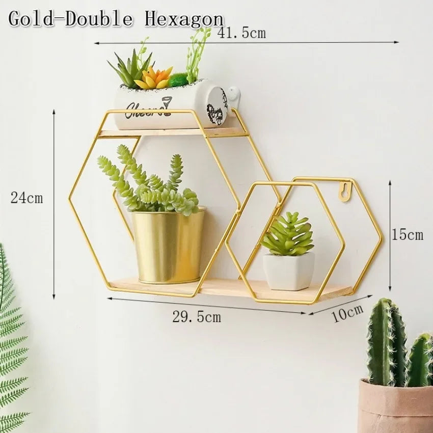 Nordic Metal Wall Shelf – DIY Iron Storage Rack | Home Decor Wall Storage Shelf Axl gold-double hexagon