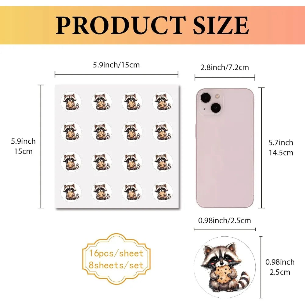 128 Pcs Raccoon Waterproof Cartoon Stickers – Round Dot Decals Cartoon Sticker Set Axl