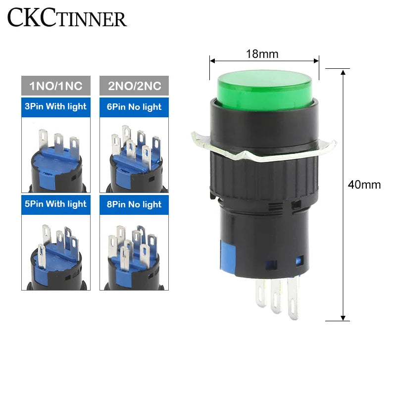 LA16 16mm Illuminated Push Button Switch 12V 24V 220V 5A Push Button Switch Axl round-green 2NC2NO No light|Self-locking