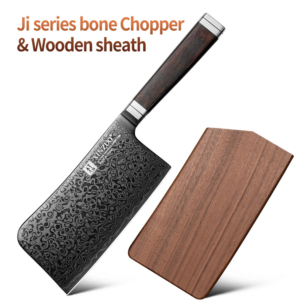 XINZUO 6.5" 67-Layer Damascus Steel Bone Chopper Kitchen Knife Damascus Bone Chopper Axl with Wooden sheath