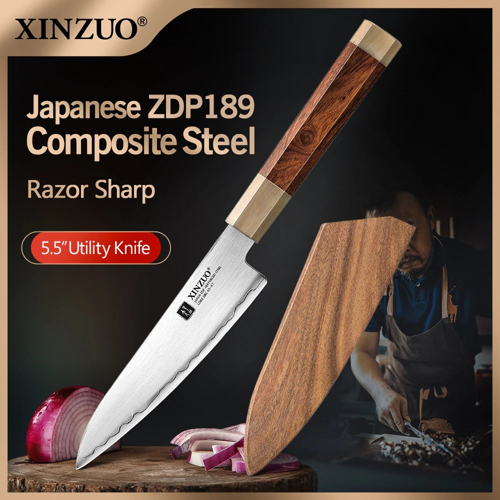 XINZUO 5.5" ZDP-189 Utility Knife – Ironwood & Bull Horn Handle Utility Kitchen Knife Axl